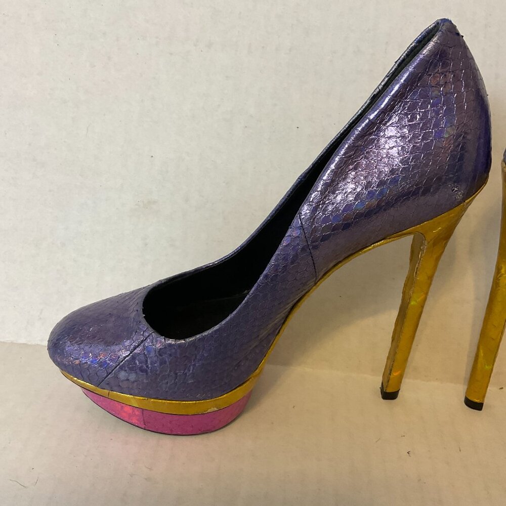 Brian Atwood Platform Stiletto Heels 6.5 Purple Gold Magenta Snakeskin Print - Picture 7 of 9